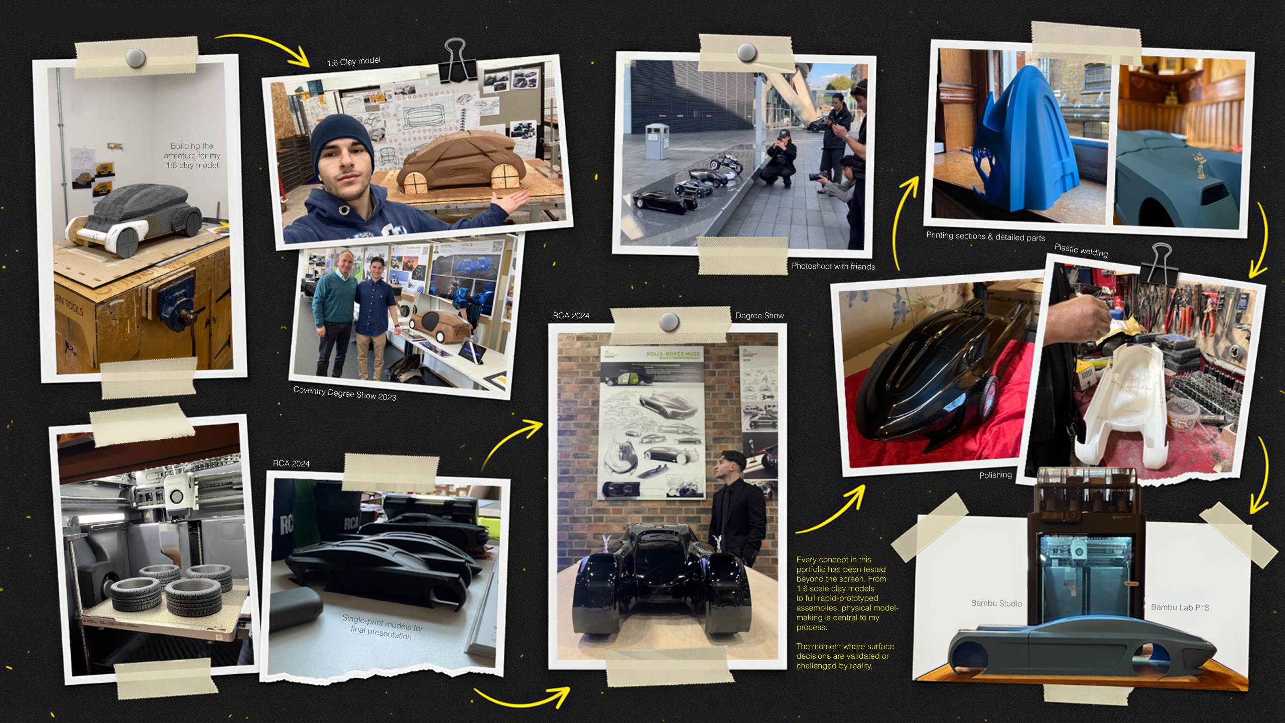 From Screen to Surface — clay model armature building, 3D printing, plastic welding, polishing, and both the Coventry 2023 and RCA 2024 degree shows